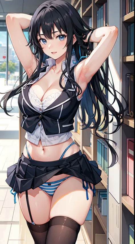 Yukinoshita Yukino, Long hair, cleavage, Navel, Slim legs, Black hair, Blue eyes,  Short skirt, Thigh high socks, Teen, Happy, School uniform, Library, leaning、Sexy armpits, Hands behind your head, Armpit, (stripe panties:1.4)