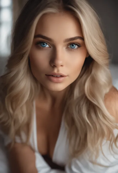 Arafed Full Woman, Sexy Girl with Blue Eyes, , Ultra Realistic, Meticulously Detailed, Portrait of Sophie Mudd, Blonde Hair and Big Eyes, Selfie of a Young Woman, Bedroom Eyes, Violet Myers, No Makeup, Natural Makeup, Looking Directly at the Camera, face a...