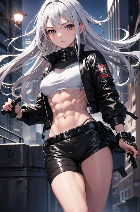 masterpiece, highest quality, 1girl, silver hair, middle hair, night city, (abs:1.3), (muscular:1.3), black Bomber jacket, black color knife, (combat:1.3)