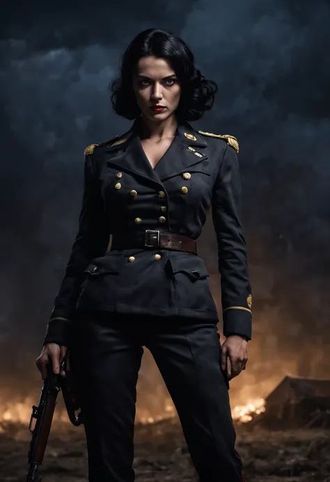 woman, 30 years old, black hair, scar in the face, black eyes, intimidating look, villainous, ultra realistic, high definition, full body view, sexy body, 1941 German captain black niform, on a battlefield in the night.