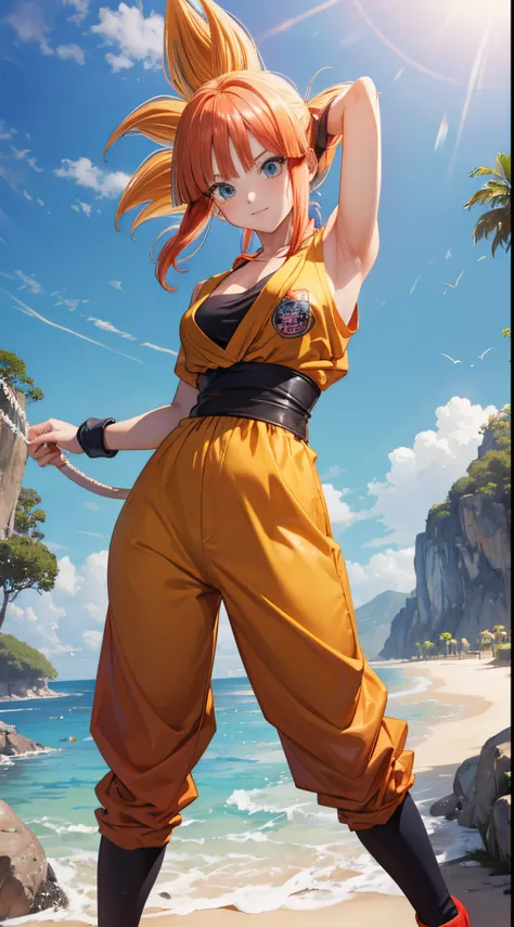 Nino Nakano feliz,manos detalladas,pose sexy,dragon ball goku clothes,parque,postura de kamehame