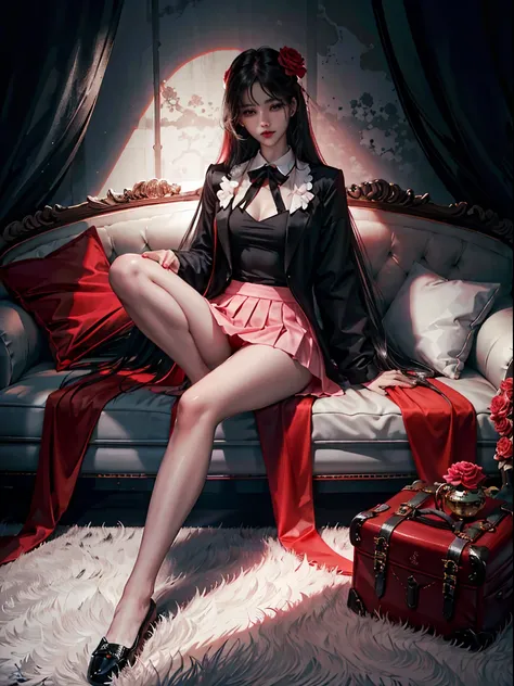 2 beauties，camelliamix， florals， red_flower， red_rose， rosette， katana swords， 1girll， pink_rose， pink_flower， spider_lily， footwear， long_hair， school_uniform， Sydney Fu， scabbard， a skirt， 独奏， jacket， vases， looking_at_viewer， Sat down， orange_flower， pl...