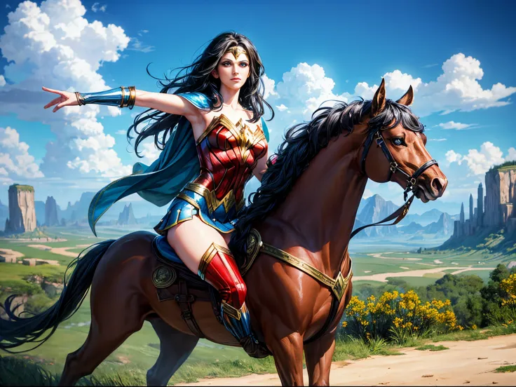 Explore a whimsical, fantasy world where Wonder Woman encounters magical creatures and surreal landscapes, evoking a sense of wonder and enchantment.