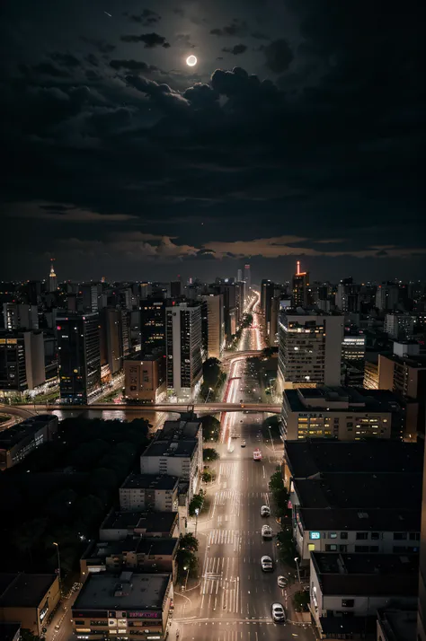 /imagine the digital painting of the city center of São Paulo at night, large urban center, Avenida de Paulista illuminated at night, scene seen from above, view from the window of a very tall building, view from the roof of a car building, HDR, 8K, cinema...