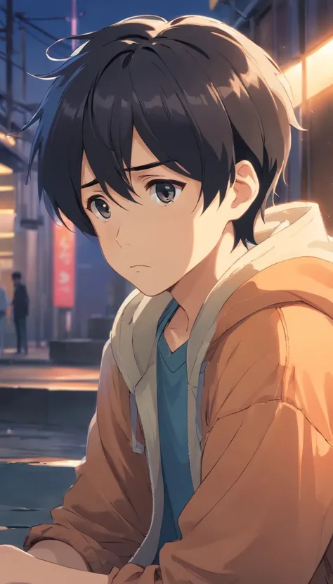 Poor boy sitting, sad eyes, Sad face, hopeless, sad, Detailed face, A cute boy with black hair, sad eyes, Sad face, hopeless, sad, Detailed face, Black hair