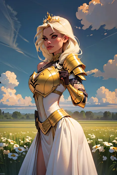 ((Dramatic pose:1.3)), turning around, radiant aura, (best quality,8k,ultra-detailed:1.2),(pale,glowing skin),(red eyes:1.1),(cinematic lighting:1.1),(dark,dim),(gold tiara armor:1.4)(long flowing white hair),(beautiful intricate face,detailed features),(g...