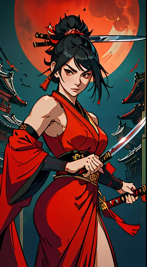 woman in a red dress with a sword against the backdrop of the full moon, katana, onmyoji, avatar image, Yang J, female samurai, she is holding a katana sword, style artgerm, KUNOICHI, style artgerm, trending artgerm, swordswoman, Katana Zero, artgerm style