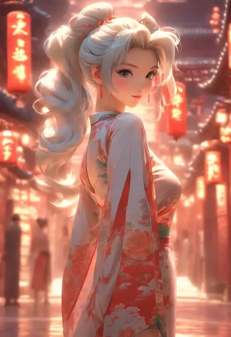 Girl in hollow cheongsam, silvery white hair:1.4, Single ponytail hairstyle, A sexy figure, Bare legs, Barefoot, Toes visible, (Best quality, 8K resolution, High-res, Masterpiece:1.2), palace background, the wallpaper, ,  Clear details, The defined row, Ci...