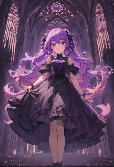 Hanging tsundere woman with long purple hair and wearing a big black ribbon、Wearing a gothic black dress、bewitching、amorous、Adults、Parti