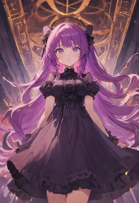 Hanging tsundere woman with long purple hair and wearing a big black ribbon、Wearing a gothic black dress、bewitching、amorous、Adults、Parti