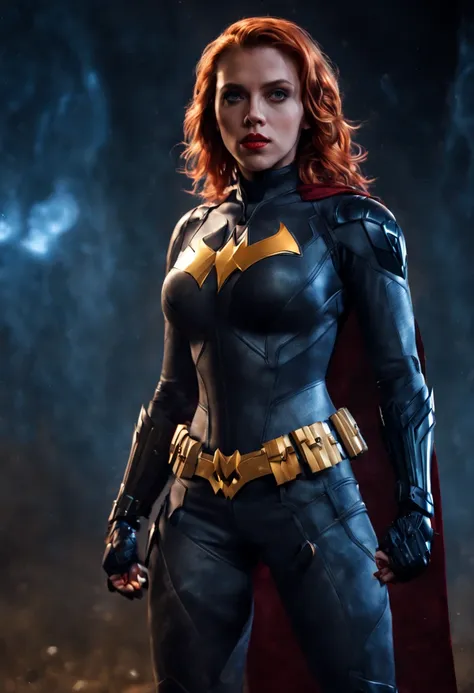 Scarlet Johansson,batgirl,full body portrait,(ultra realistic:1.2), detailed,sexy,intimidating,standing in a battlefront at night,holding her shield in her right hand,her left hand on her hip, (vivid colors), (harsh lighting), (cinematic style), (metallic ...