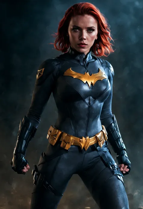 scarlet johansson,batgirl,full body portrait,(ultra realistic:1.2), detailed,sexy,intimidating,standing in a battlefront at nigh...