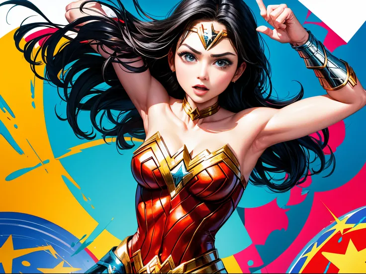 Transform Wonder Woman into a pop art icon, with bold, vibrant colors and dynamic shapes, creating a visually striking and energetic composition.