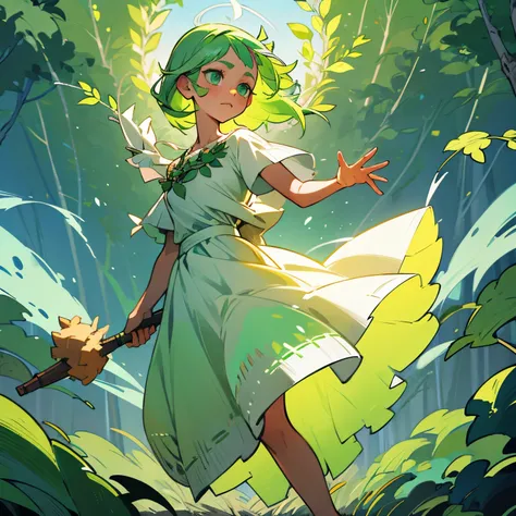 girl in a white sundress barefoot, with green hair, green eyes, wreath of flowers and branches on the head, symbols on cheeks, runs through the forest and talks to the wind, illuminated clearing, 4k detail