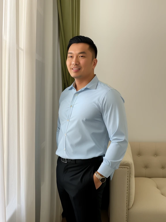 there is a man standing in front of a window with a remote, khyzyl saleem, dzung phung dinh, bao pham, nivanh chanthara, jama jurabaev, john jude palencar, ceo, mohamed chahin, victor ngai, quy ho, hoang long ly, peter chan, reddit post, blue blazer