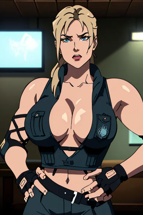 8k, best quality, intricate details, ultra-detailed, ultra highres, depth field, ,masterpiece  ((sonyablade)), european woman, cleavage, wearing a jacket, fingerless gloves, hand on hips, ((huge breasts: 1.4)),crop top, highly detailed eyes, blue eyes, blo...