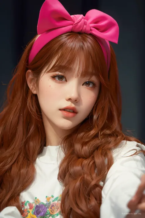 Wonyoung con diadema rosa, cabello suave de color naranja rojizo, labios suaves bonitos y voluminosos