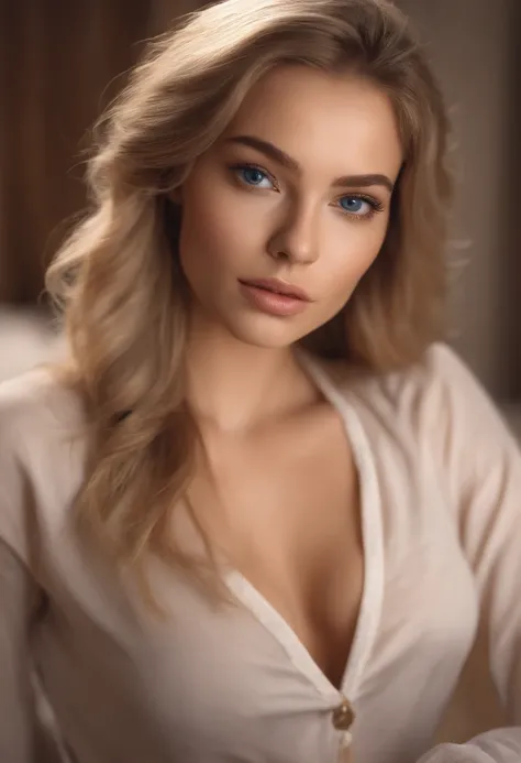 Arafed Full Woman, young, Sexy Girl with Blue Eyes, , Ultra Realistic, Meticulously Detailed, Portrait of Sophie Mudd, Blonde Hair and Big Eyes, Selfie of a Young Woman, Bedroom Eyes, Violet Myers, No Makeup, Natural Makeup, Looking Directly at the Camera,...