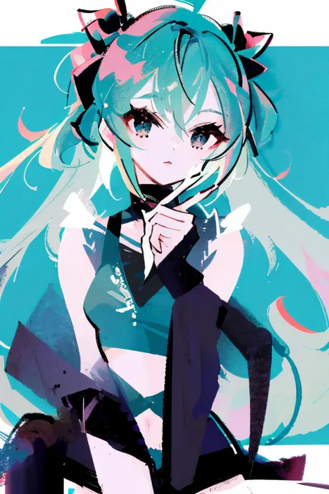 minimalistic style, short teal hair, twintails, bangs, hair between eyes, locks, blue eyes, wearing a black croptop, wearing a b...