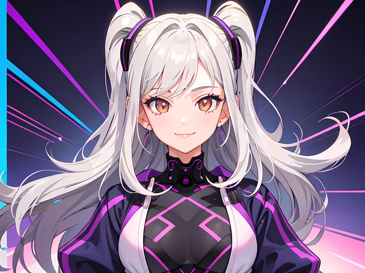 masterpiece, best quality, 1 girl, gray hair, orange eyes, purple outfit, smile, blue background, grid pattern, synthwave background, 80s style, vapor wave