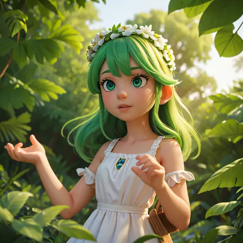 girl in a white sundress barefoot, with green hair, Green eyes, wreath of flowers and branches on the head, symbols on cheeks, runs through the forest and talks to the wind, illuminated clearing, Детализация 4k