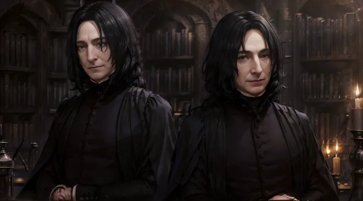 masterpiece, top quality, ((only one man)), this man is ((severus snape)), ((hooked nose), ((black_hair)) and ((black_eyes)), ((...