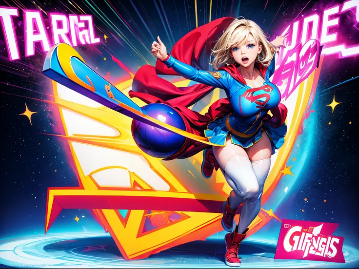 Transform Supergirl with enormous tits into a pop art icon, with bold, vibrant colors and dynamic shapes, creating a visually striking and energetic composition. (full body:1.5)