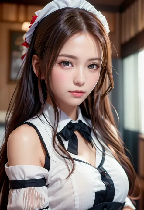 8K, of the highest quality, masutepiece:1.2), (Realistic, Photorealsitic:1.37), of the highest quality, masutepiece, Beautiful young woman, Pensive expression,、A charming、and an inviting look, Cute Maid Clothes, Hair tied back, Cinematic background, Light ...