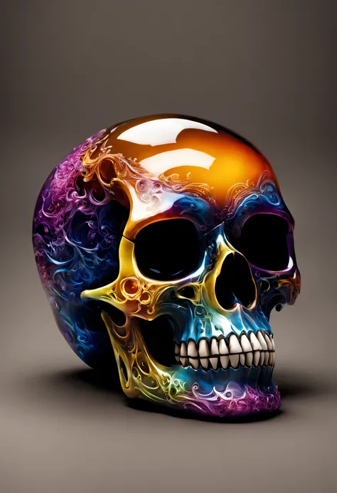 A realistic colored glass skull, beautiful and detailed. Which explodes when falling to the ground, the projections are textured like colorful dust