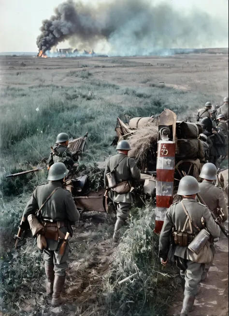 soldiers are standing in a field with a fire in the background, colourized, colourised, award winning colorized photo, colorized...