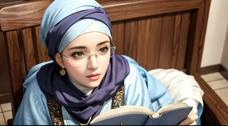 1woman, solo, beautiful face, high detailed realistic eyes, double eyelids, high detailed realistic pupils, upon body from head to waist, (wearing hijab:1.2), (moslem headscarf:1.2), reading glasses, sitting alone on a long chair at the amazing mosque park