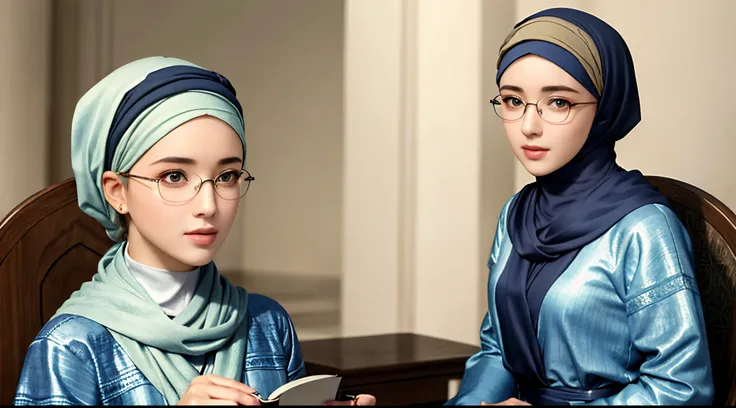 1woman, solo, beautiful face, high detailed realistic eyes, double eyelids, high detailed realistic pupils, upon body from head to waist, (wearing hijab:1.2), (moslem headscarf:1.2), reading glasses, sitting alone on a long chair at the amazing mosque park