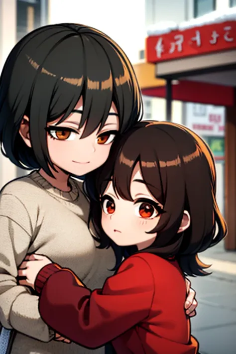 A black haired woman with brown eyes is kissing a red haired woman with red eyes in winter gear