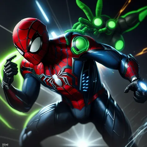 Cybernetic Spider-Man with cutting-edge technology fighting the sick green man , Imagem em 4K