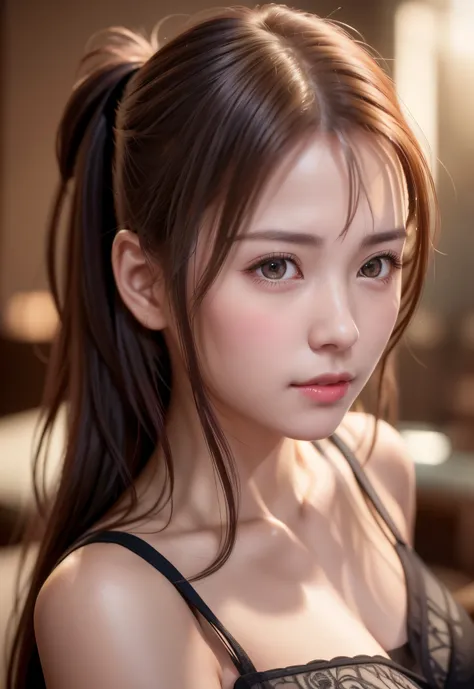 8K, of the highest quality, masutepiece:1.2), (Realistic, Photorealsitic:1.37), of the highest quality, masutepiece, Beautiful young woman, Pensive expression, Gentle eyes, sexy camisole、Hair tied back, Messy mood, Cinematic background,  Light skin tone