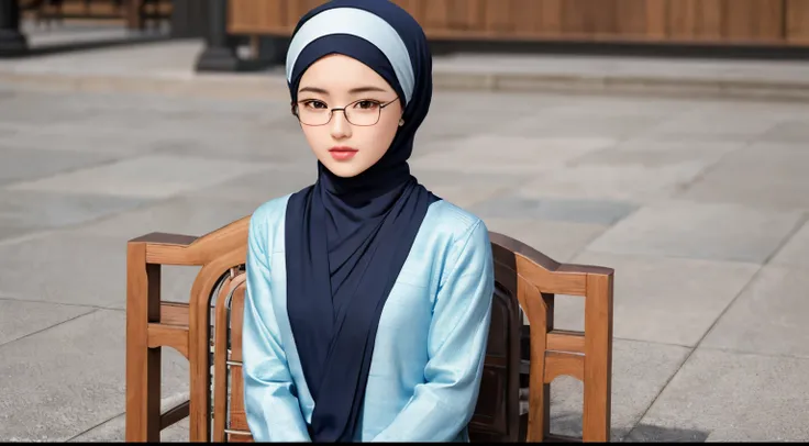 1girl, (Angelie Khang:1.3), solo, beautiful face, high detailed realistic eyes, double eyelids, high detailed realistic pupils, upon body from head to waist, (wearing hijab:1.2), (moslem headscarf:1.2), reading glasses, sitting alone on a long chair at the...