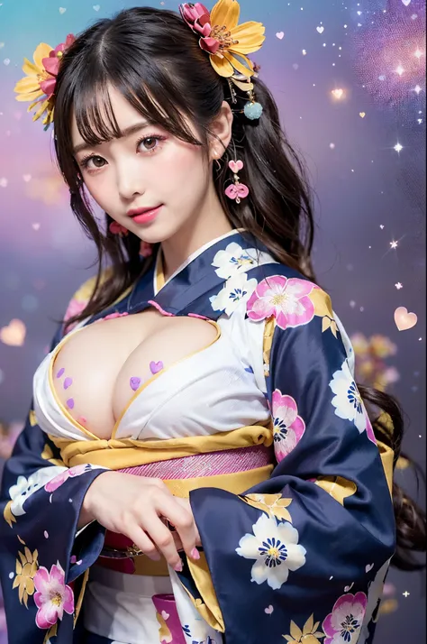 NFSW, (Traditional kimono:1.4), (Furisode decorated with hearts and flowers:1.47),(Large breasts:1.4),Exposing cleavage:1.5, G cup big breasts, The areola is slightly visible, (Effortlessly chic hairstyle:1.4) BREAK, (nostalgic ambiance:1.1), (taisho roman...