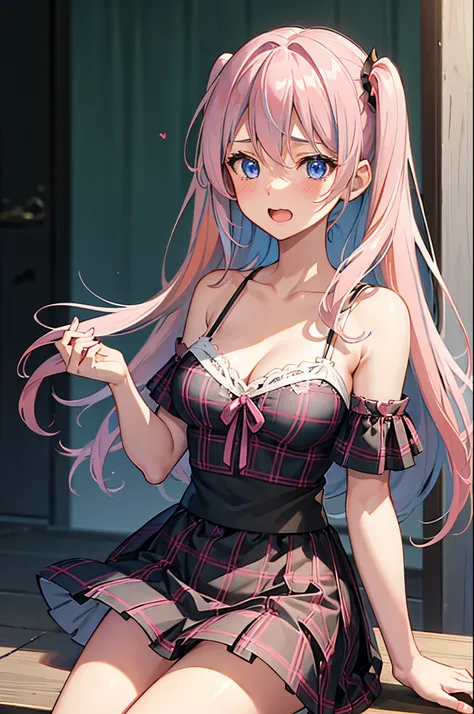 Beautiful, teenage, pink hair, blue eyes, black bra, cleavage, green plaid skirt, showing panties, face blushing, open mouth, twin tailS