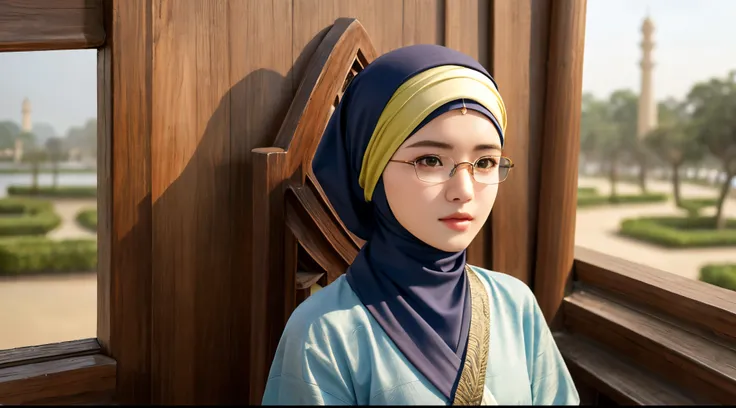 1girl, (Angelie Khang:1.3), solo, beautiful face, high detailed realistic eyes, double eyelids, high detailed realistic pupils, upon body from head to waist, (wearing hijab:1.2), (moslem headscarf:1.2), reading glasses, sitting alone on a long chair, amazi...