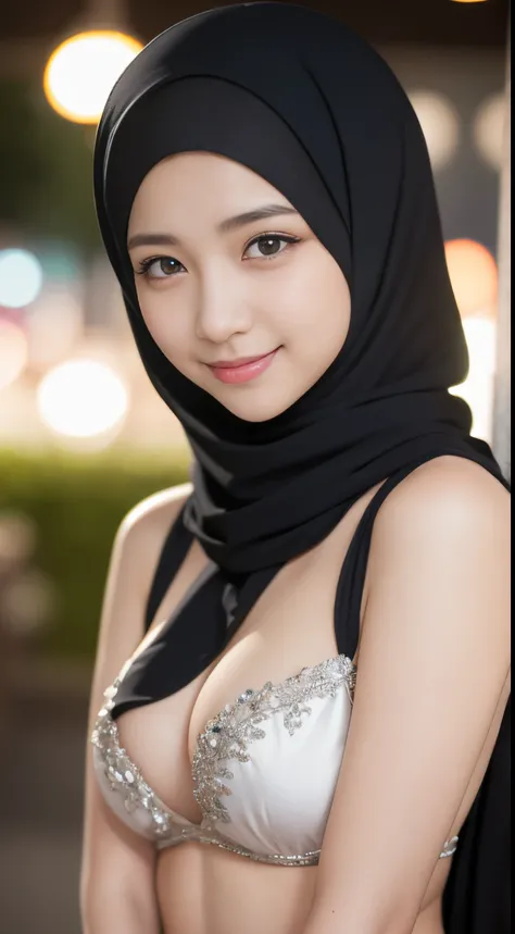 colorful bellydancer, harem, cleavage, (((hijabi))), masterpiece, best quality, 8k, 18yo, teen, raw photo, absurdres, award winning portrait, smile, smile, solo, night, neon, idol face, violaceaess, gardeniass, delicate girl, DSLR, looking at viewer, candi...