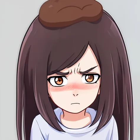 anime girl with black hair and brown eyes looks at something, with a sad expression on his face, sad expression, bored expressio...