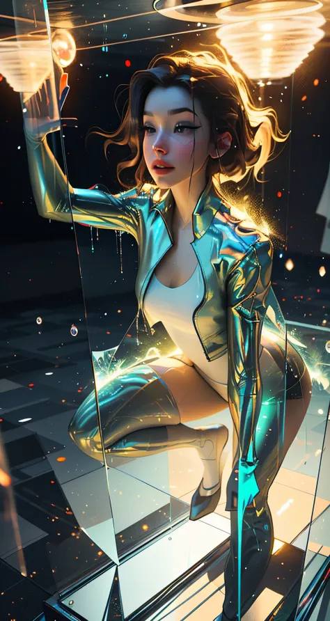 a glowing head made of glass and a glowing body made of glass, full body, long legs, amazing particles pulling out of the glass head and body, like droplets of glass floating, 8k highly detailed digital art, intricate artwork, octane render, mind-bending d...