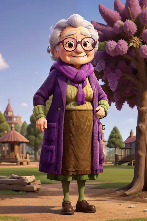 masterpiece, best quality, an old woman with glasses and a scarf on, wearing a purple coat and green scarf, standing at the park