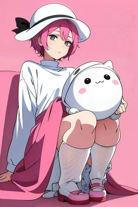 cute girl, with pink hair, wearing a modern flat hat with rounded white edges, Round hat, white hat, Short hair, round doll-like eyes, Big white shoes, adult girl, Drawing eyes is better, beautiful eyes, fine eye details