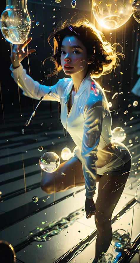 a glowing head made of glass and a glowing body made of glass, full body, long legs, amazing particles pulling out of the glass head and body, like droplets of glass floating, 8k highly detailed digital art, intricate artwork, octane render, mind-bending d...