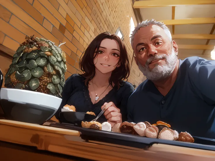 there is a man and woman sitting at a table with food, Directed by: Luis Miranda, Directed by: Nandor Soldier, imagem de perfil, Directed by: Willian Murai, Directed by: Matteo Pérez, Directed by: CeFerí Olivé, Directed by: Ramon Silva, por Ingrida Juniper...