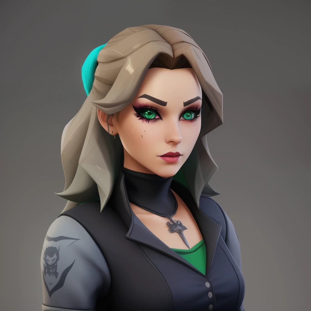 light brown hair with blonde highlights, curly hair, blue/grey/green eyes, fair skin, gothic makeup, gothic clothes, female, as a fortnite character