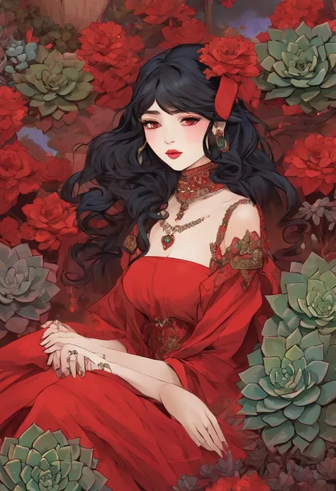 picture of a vampire woman resting in a (black:1.2) and (red:1.2) colored succulents meadow, full body, an exquisite beautiful (ultra detailed, Masterpiece, best quality: 1.4) female vampire woman, dynamic angle (best detailed, Masterpiece, best quality), ...