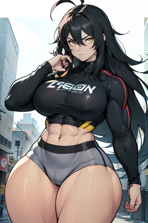 girl ((((muscular 1girl)))) ((((thick thighs toned body)))) (pale skin) black hair yellow eyes very long hair long sleeve tight t-shirt tight pants (sidelocks huge ahoge)