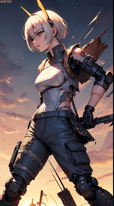 masterpiece, Nikke, goddess of victory character, (battle android model), female character android, (wearing elegant future outfit uniform with straps and accessories, cargo pants, military vest), (holding weapon), action pose, battle damage, (visible (dam...